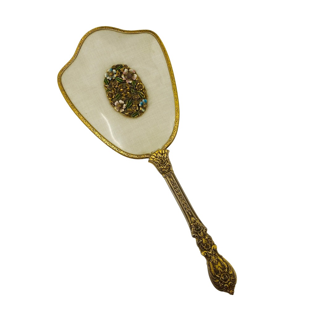Vintage Hand Mirror Women OS Gold Ornate Floral Petit Point Embroidery Brass